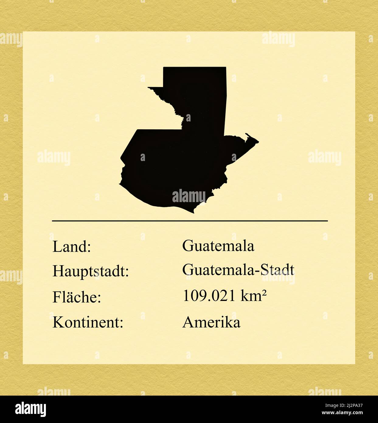 Umrisse des Landes Guatemala, darunter ein kleiner Steckbrief mit Ländernamen, Hauptstadt, Fläche und Kontinent Foto de stock