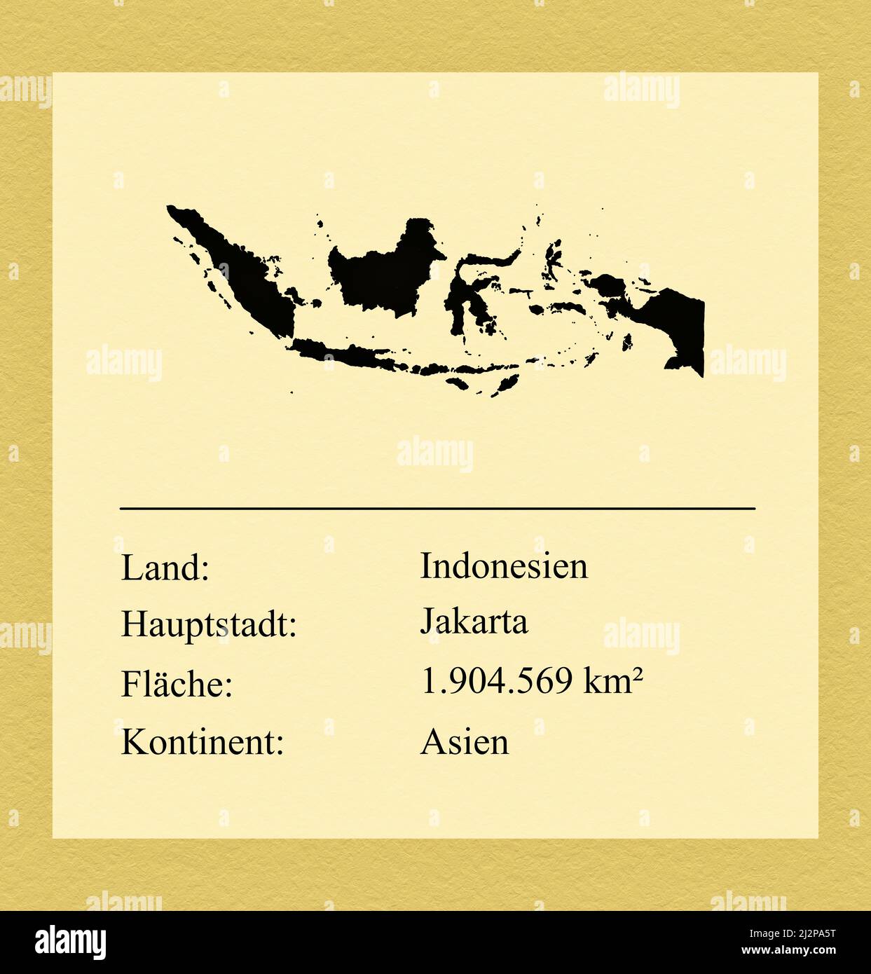 Umrisse des Landes Indonesien, darunter ein kleiner Steckbrief mit Ländernamen, Hauptstadt, Fläche und Kontinent Foto de stock