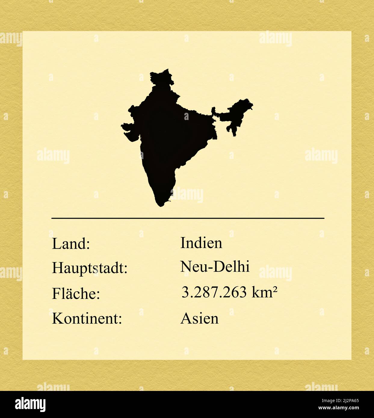 Umrisse des Landes Indien, darunter ein kleiner Steckbrief mit Ländernamen, Hauptstadt, Fläche und Kontinent Foto de stock