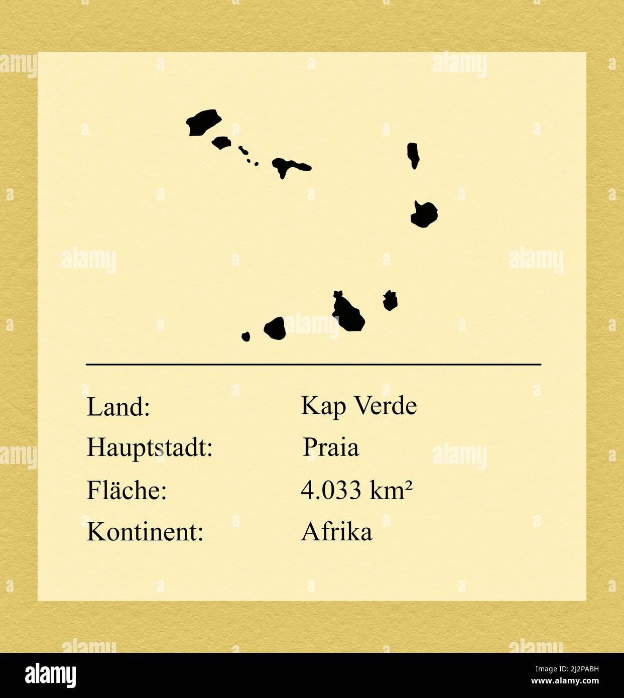 Umrisse des Landes Kap Verde, darunter ein kleiner Steckbrief mit Ländernamen, Hauptstadt, Fläche und Kontinent Foto de stock