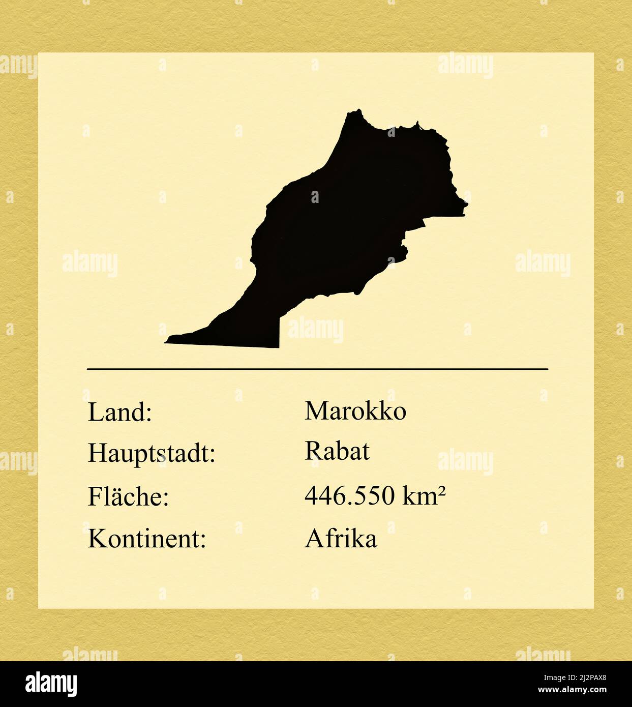 Umrisse des Landes Marokko, darunter ein kleiner Steckbrief mit Ländernamen, Hauptstadt, Fläche und Kontinent Foto de stock