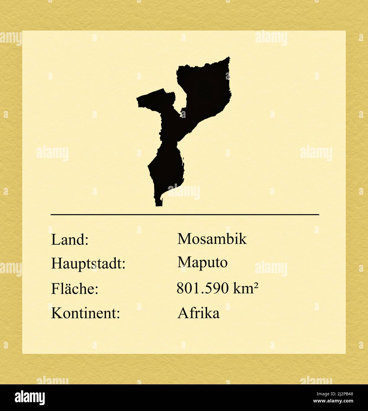 Umrisse des Landes Mosambik, darunter ein kleiner Steckbrief mit Ländernamen, Hauptstadt, Fläche und Kontinent Foto de stock