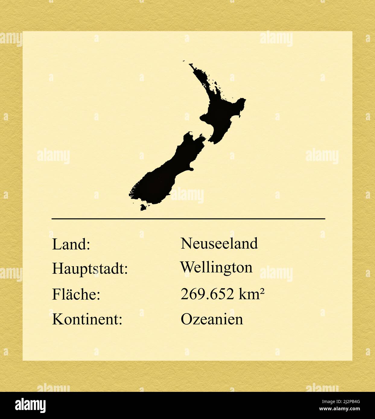 Umrisse des Landes Neuseeland, darunter ein kleiner Steckbrief mit Ländernamen, Hauptstadt, Fläche und Kontinent Foto de stock