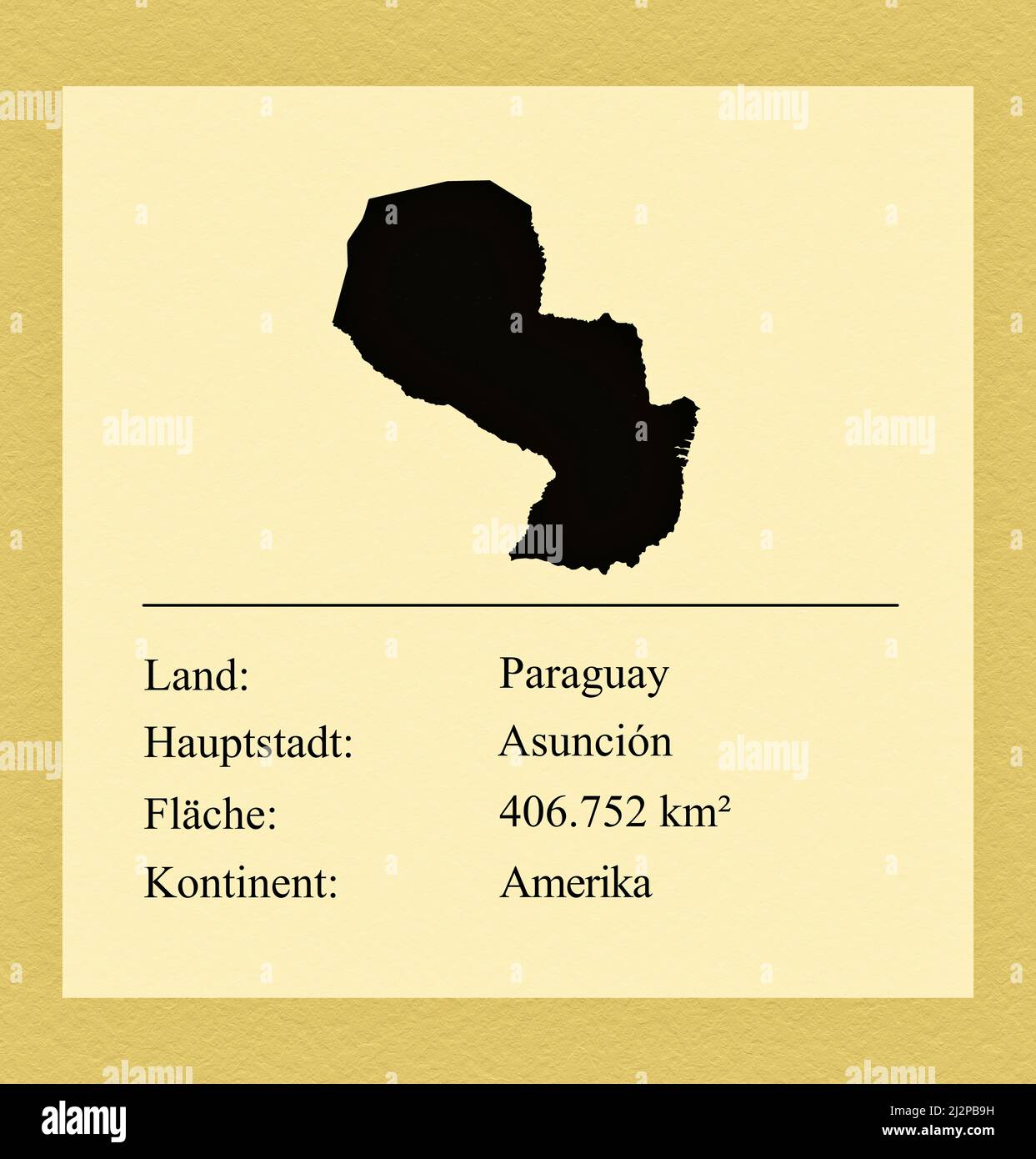 Umrisse des Landes Paraguay, darunter ein kleiner Steckbrief mit Ländernamen, Hauptstadt, Fläche und Kontinent Foto de stock