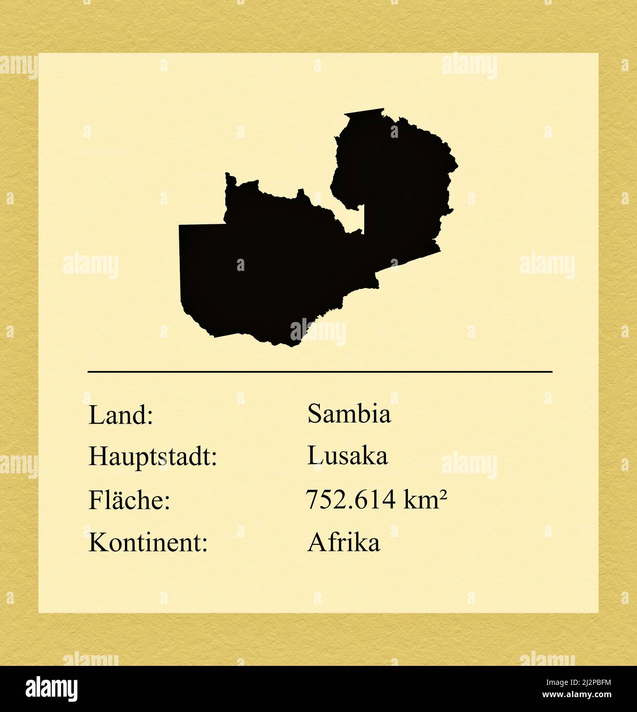 Umrisse des Landes Sambia, darunter ein kleiner Steckbrief mit Ländernamen, Hauptstadt, Fläche und Kontinent Foto de stock