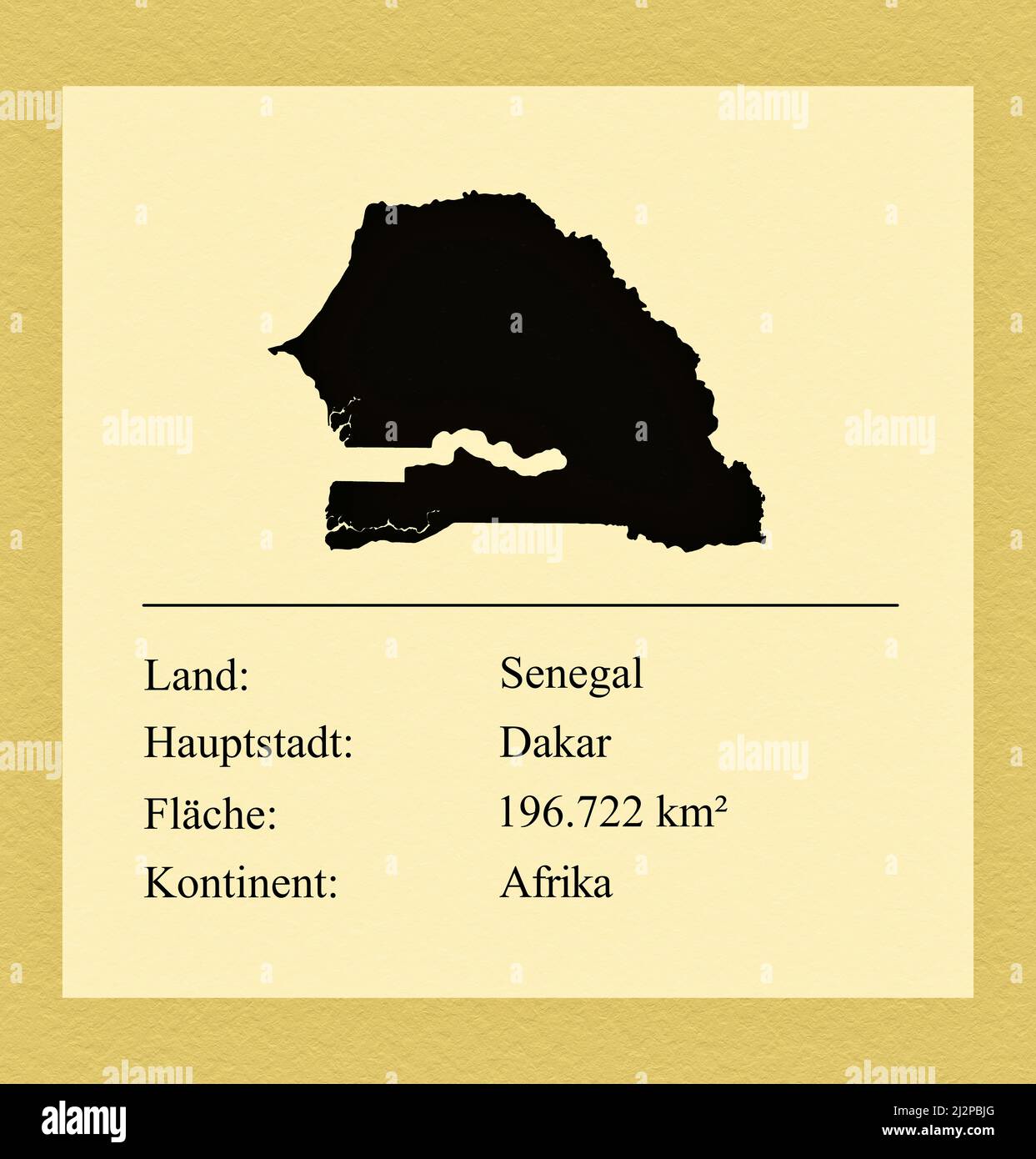 Umrisse des Landes Senegal, darunter ein kleiner Steckbrief mit Ländernamen, Hauptstadt, Fläche und Kontinent Foto de stock