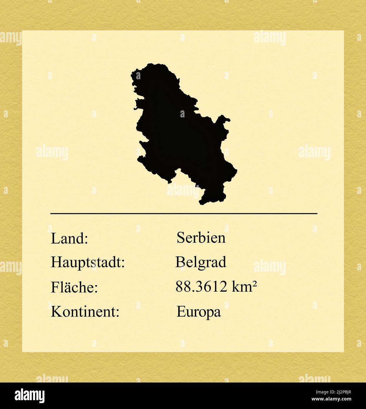 Umrisse des Landes Serbien, darunter ein kleiner Steckbrief mit Ländernamen, Hauptstadt, Fläche und Kontinent Foto de stock