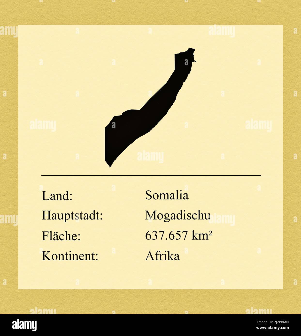 Umrisse des Landes Somalia, darunter ein kleiner Steckbrief mit Ländernamen, Hauptstadt, Fläche und Kontinent Foto de stock