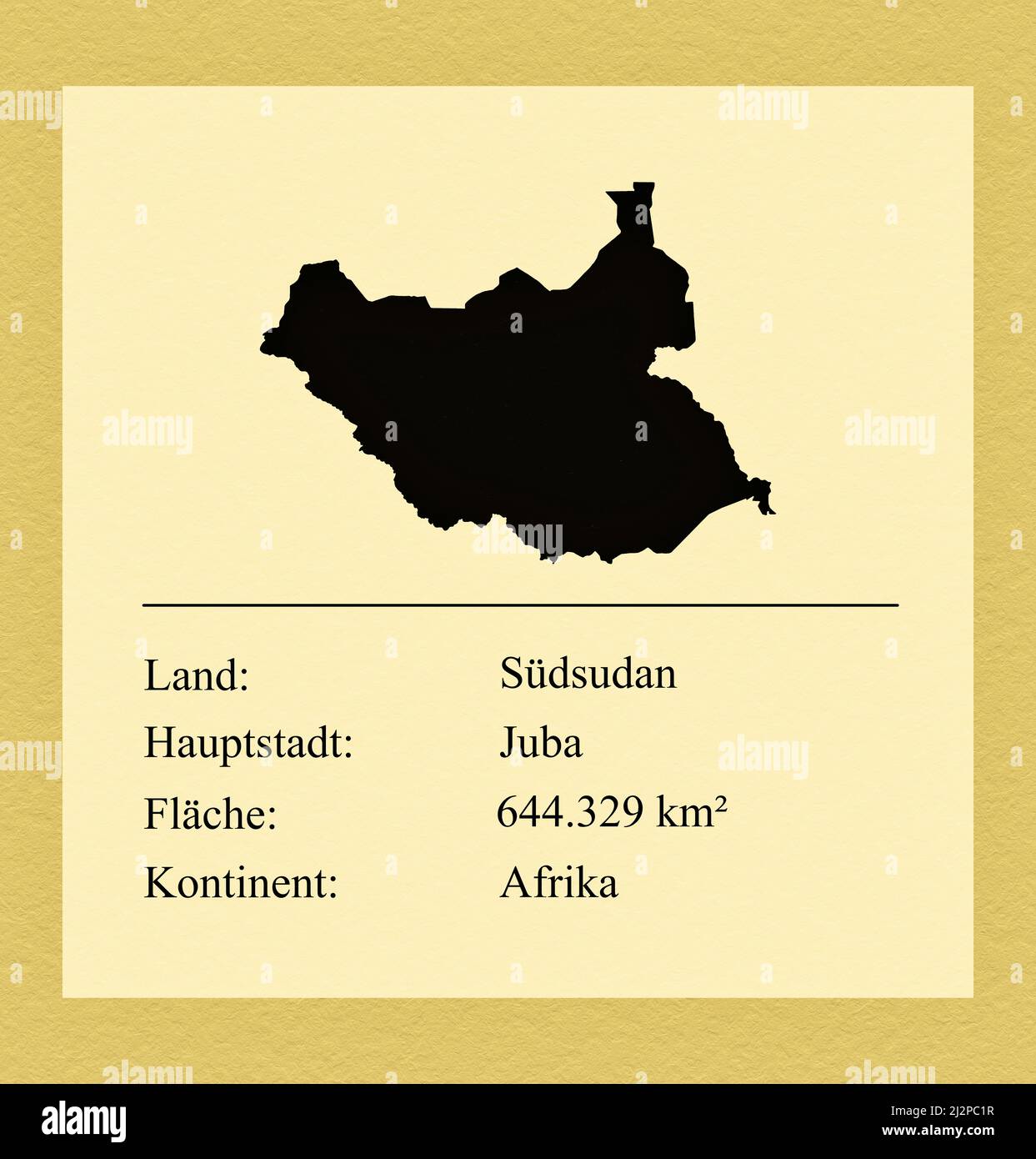 Umrisse des Landes Südsudan, darunter ein kleiner Steckbrief mit Ländernamen, Hauptstadt, Fläche und Kontinent Foto de stock
