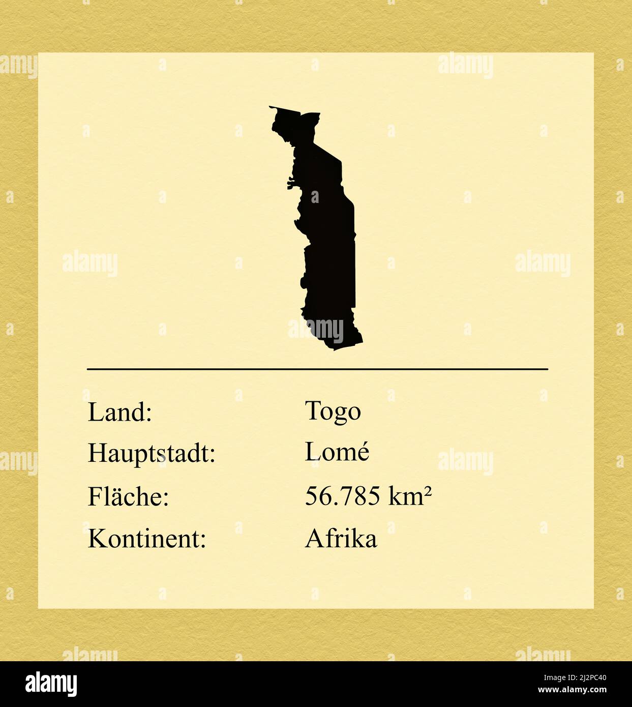 Umrisse des Landes Togo, darunter ein kleiner Steckbrief mit Ländernamen, Hauptstadt, Fläche und Kontinent Foto de stock