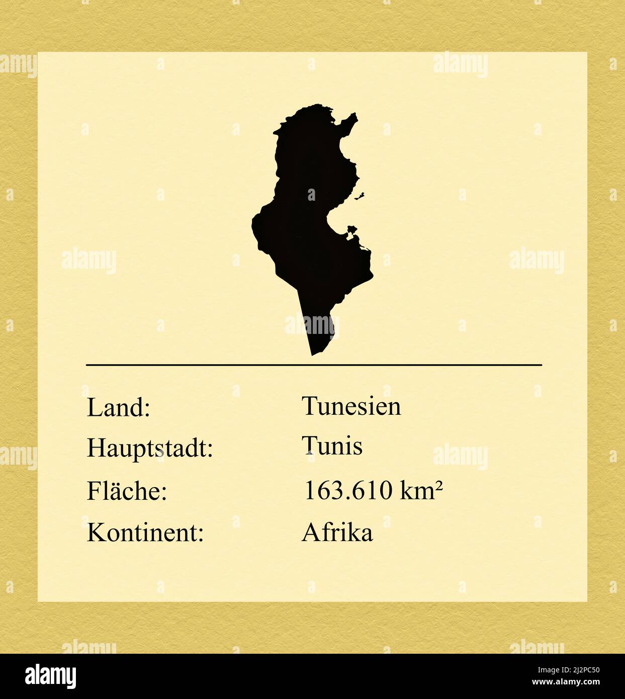 Umrisse des Landes Tunesien, darunter ein kleiner Steckbrief mit Ländernamen, Hauptstadt, Fläche und Kontinent Foto de stock