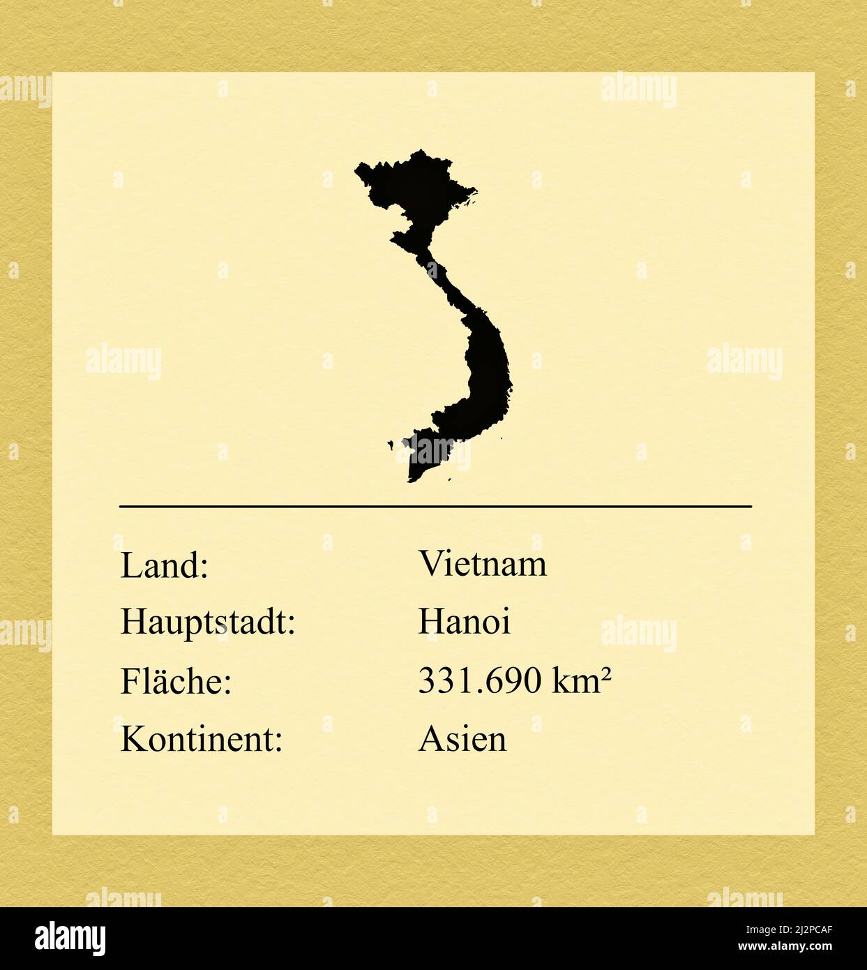 Umrisse des Landes Vietnam, darunter ein kleiner Steckbrief mit Ländernamen, Hauptstadt, Fläche und Kontinent Foto de stock