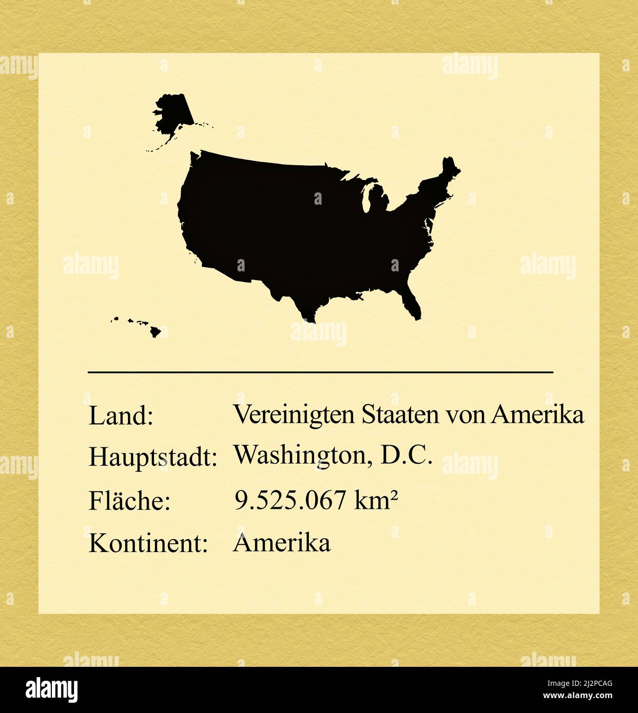 Umrisse der Vereinigten Staaten von Amerika, darunter ein kleiner Steckbrief mit Ländernamen, Hauptstadt, Fläche und Kontinent Foto de stock