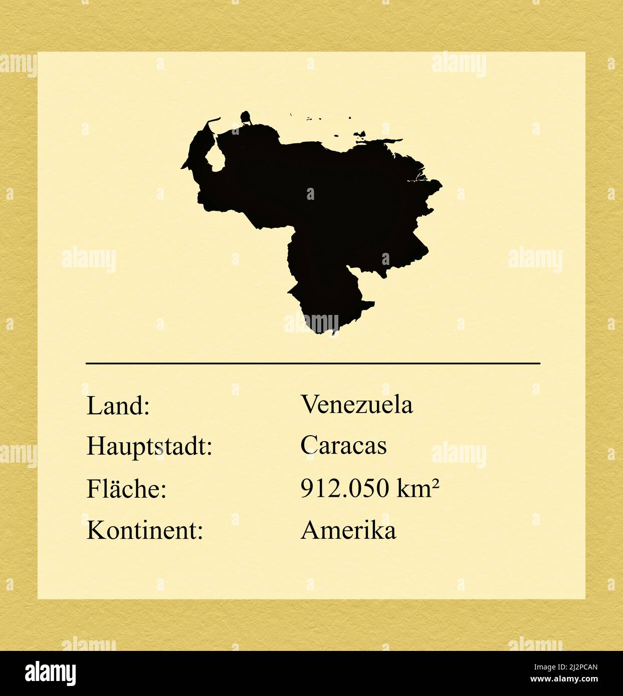 Umrisse des Landes Venezuela, darunter ein kleiner Steckbrief mit Ländernamen, Hauptstadt, Fläche und Kontinent Foto de stock