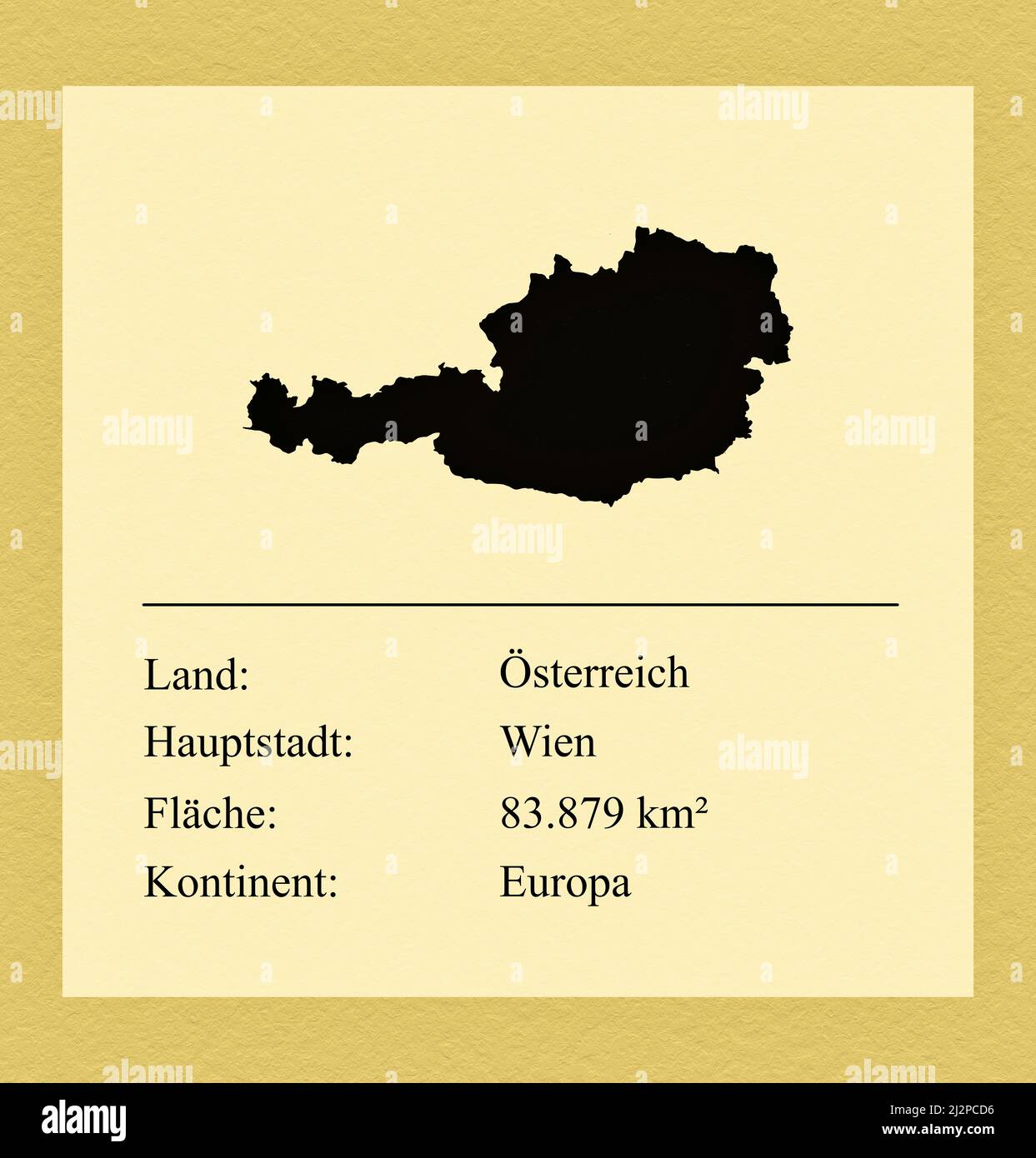 Umrisse des Landes Österreich, darunter ein kleiner Steckbrief mit Ländernamen, Hauptstadt, Fläche und Kontinent Foto de stock