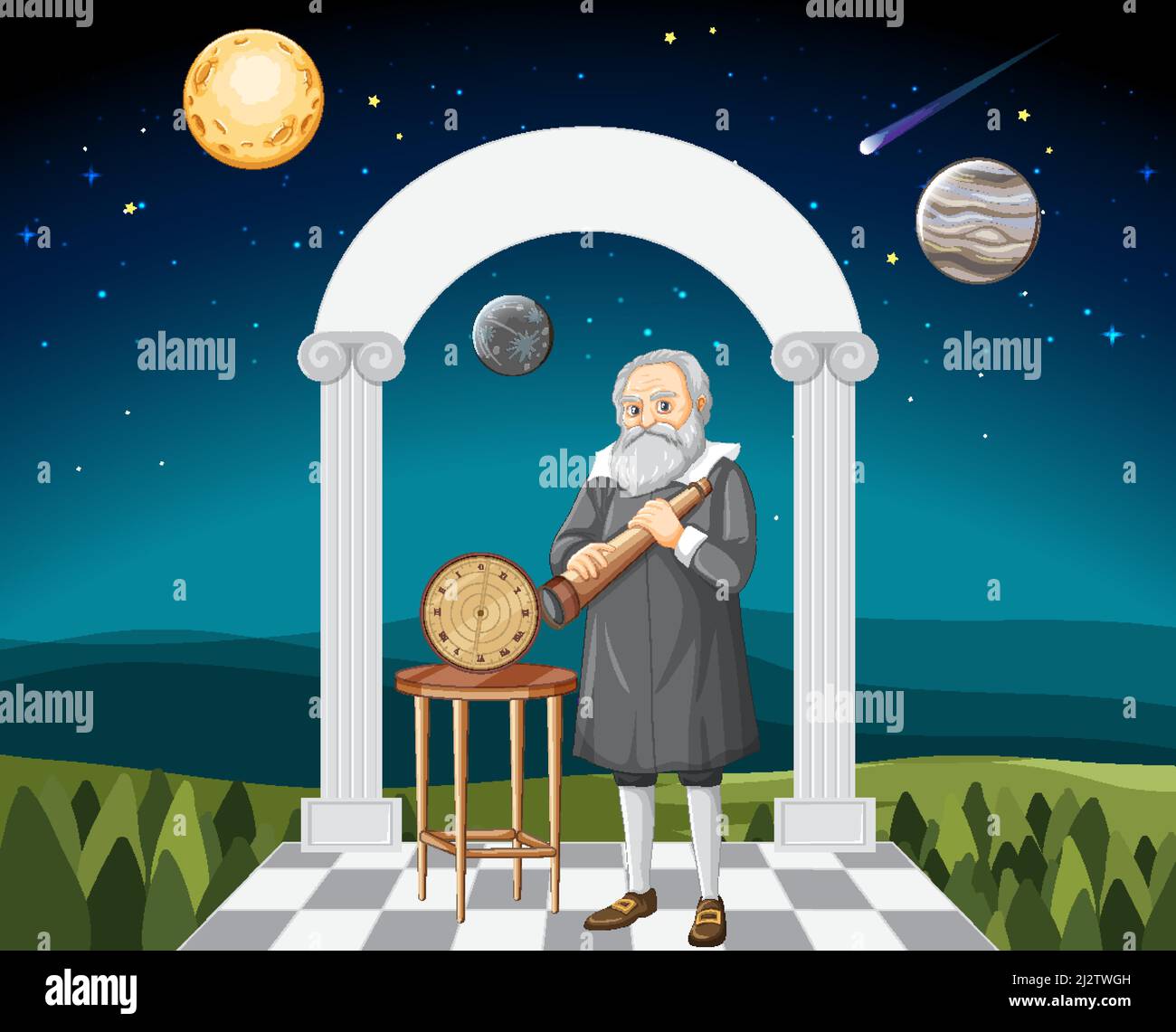 Ilustración del personaje de dibujos animados Galileo Galilei Ilustración del Vector