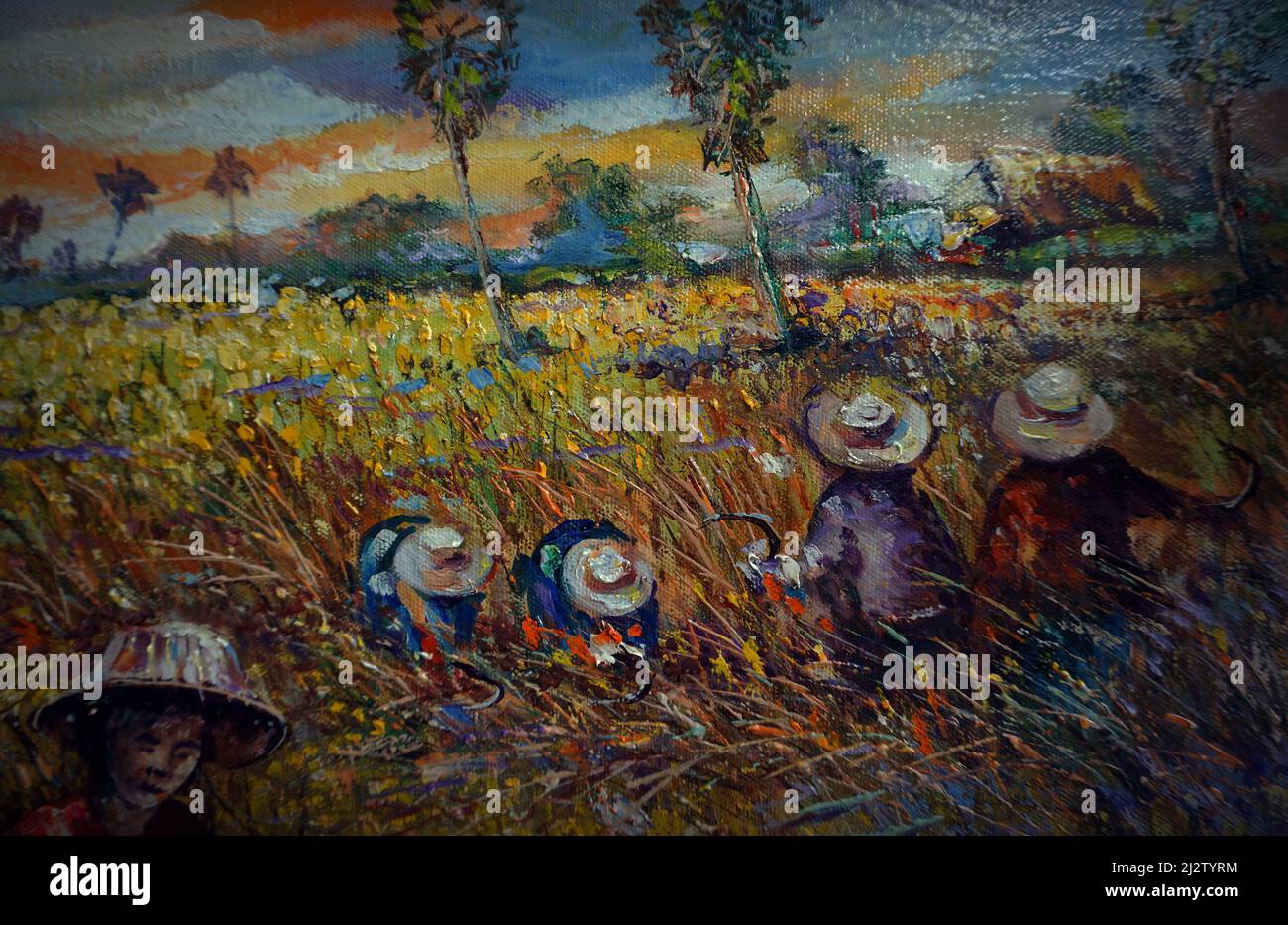 Pintura de arte Color de aceite cosecha arroz , campo en las provincias de Tailandia sobre lienzo Foto de stock