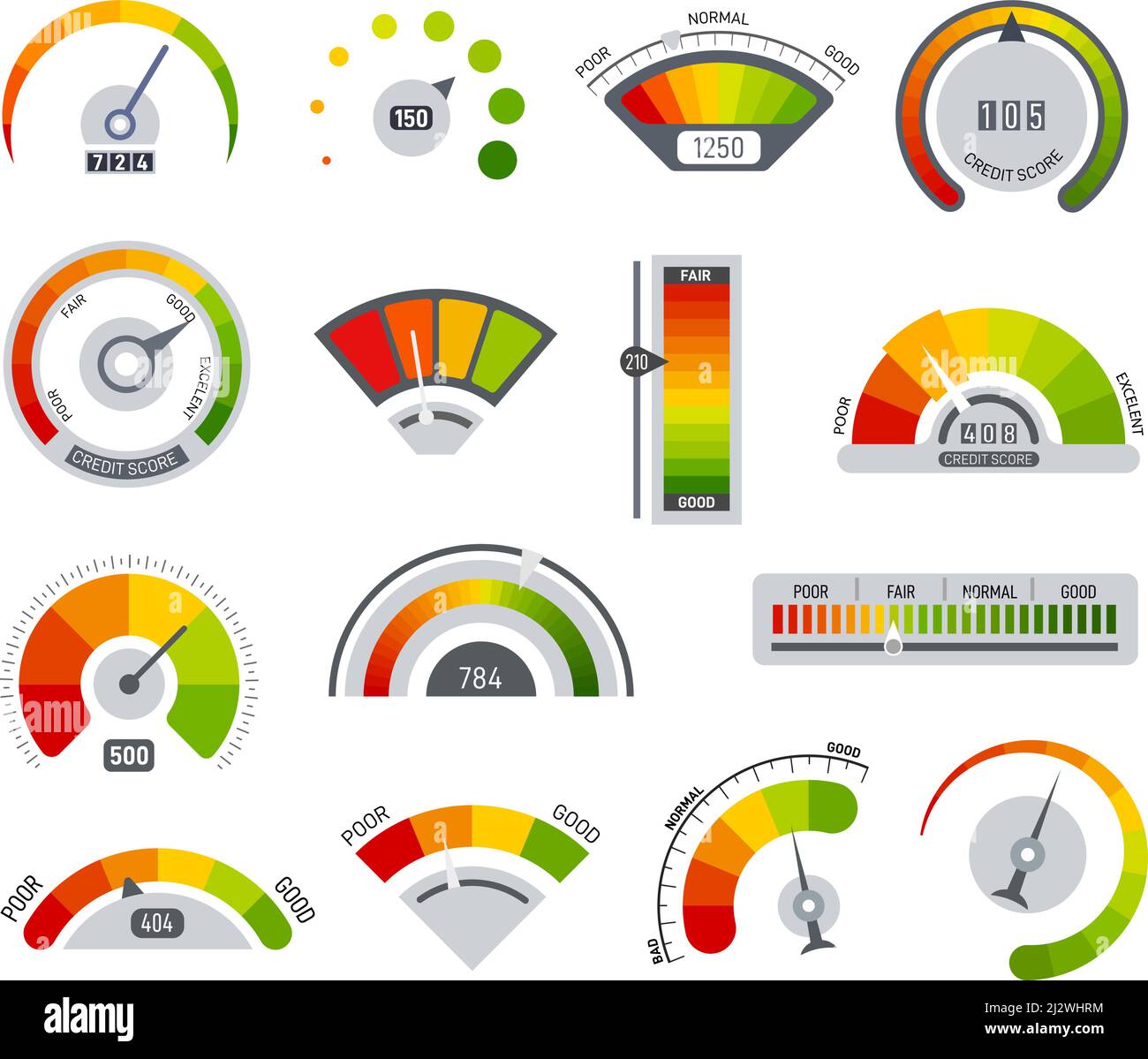 Indicadores de crédito. Puntuaciones de tiempo y velocidad, indicador del  velocímetro. Medición de escalas coloridas, financieras y de créditos.  Indicador de coche y escala de potencia exacta Imagen Vector de stock -