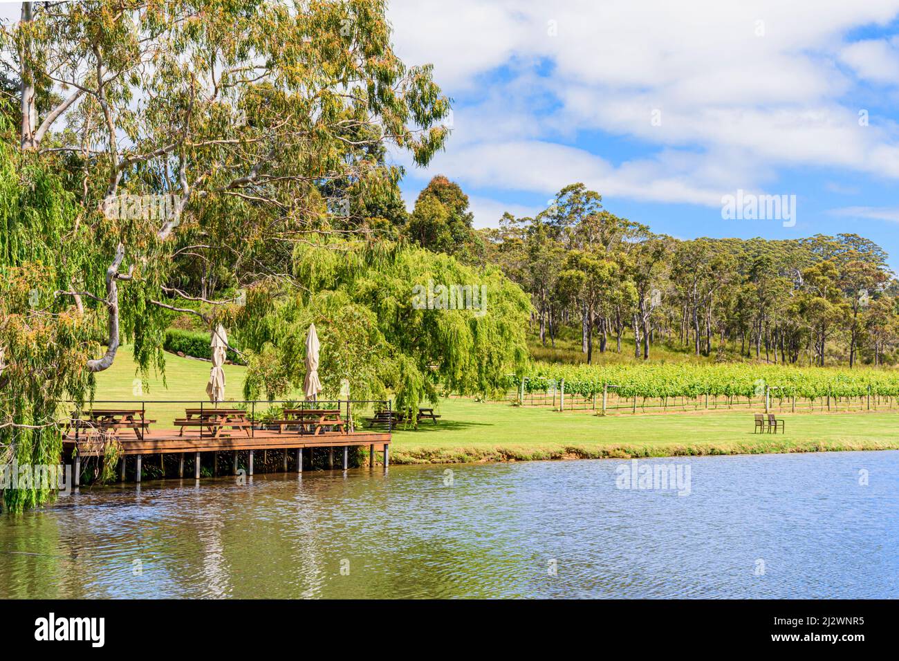 El lago y los terrenos de la bodega Lake House Denmark en la región vinícola Great Southern de Australia Occidental, Australia Foto de stock