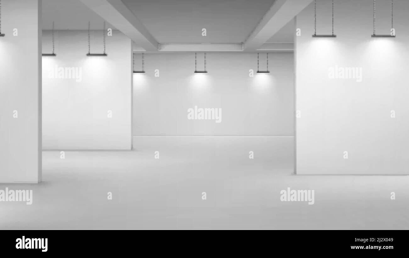 Galería de arte interior vacío, sala 3d con paredes blancas, suelo y lámparas de iluminación. Pasajes de museo con luces para la presentación de imágenes, fotografía Ilustración del Vector