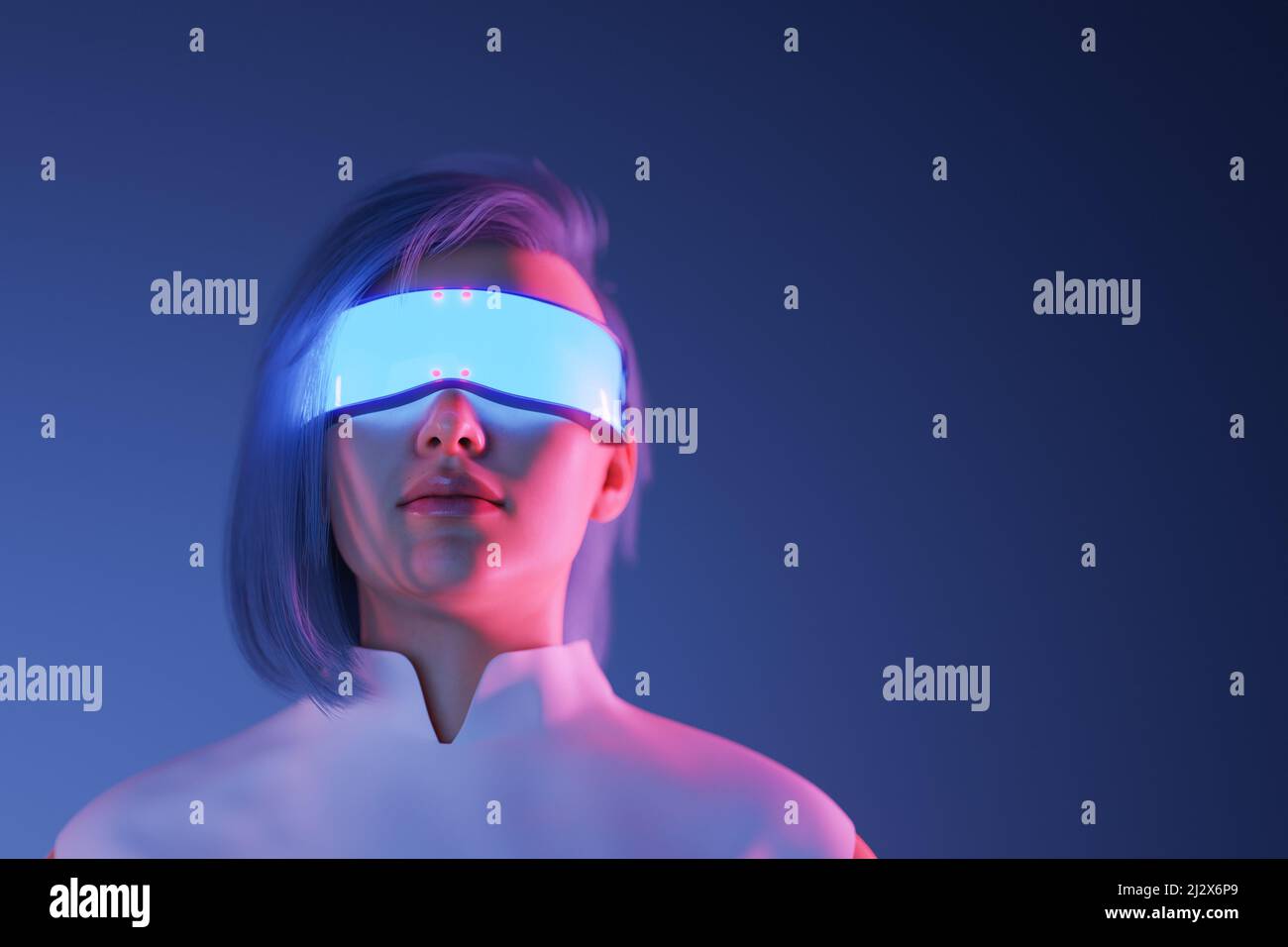 3D Ilustración de la mujer utilizando brillantes gafas de VR futuristas para explorar el ciberespacio y Metaverse sobre fondo azul oscuro Foto de stock