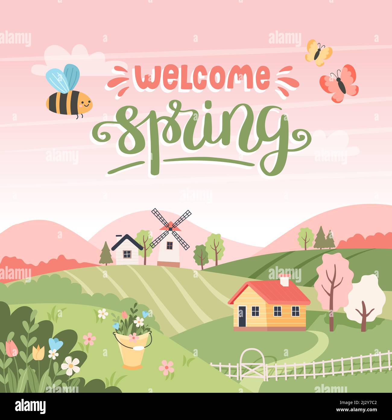 Bienvenido primavera - paisaje con árboles, campos, casas y molino de  viento. Letras dibujadas a mano. Fondo de Pascua, paisaje rural. Vector  Imagen Vector de stock - Alamy