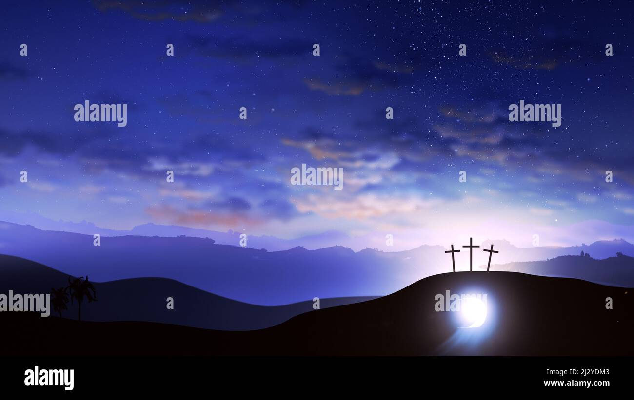 Tres cruces en la colina y la tumba de Jesús con nubes moviéndose sobre el cielo estrellado. Pascua, resurrección, nueva vida, concepto de redención. Foto de stock