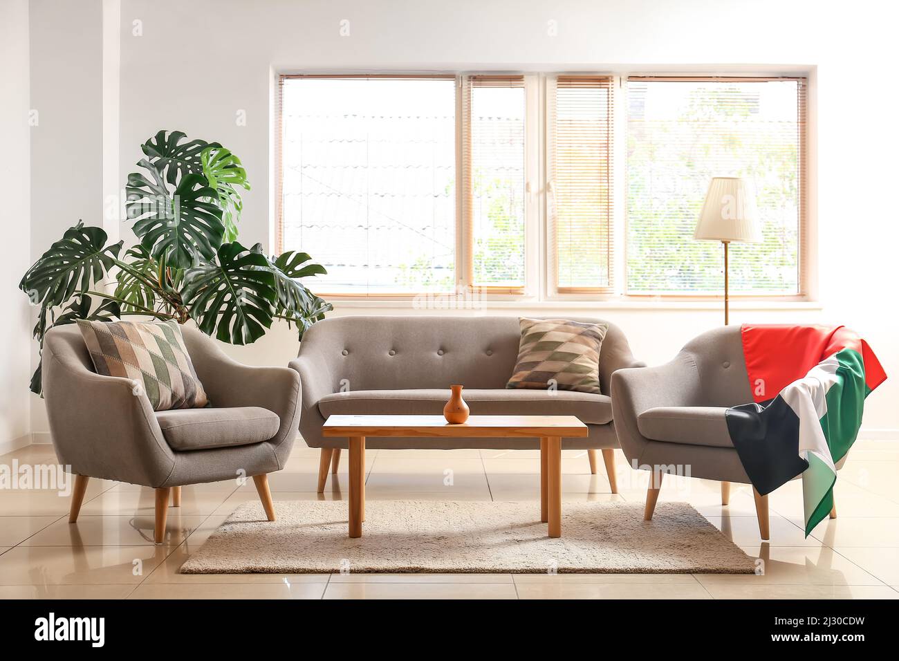 Interior de sala de estar moderna con sofá, sillones y bandera de los Emiratos Árabes Unidos Fotografía de stock
