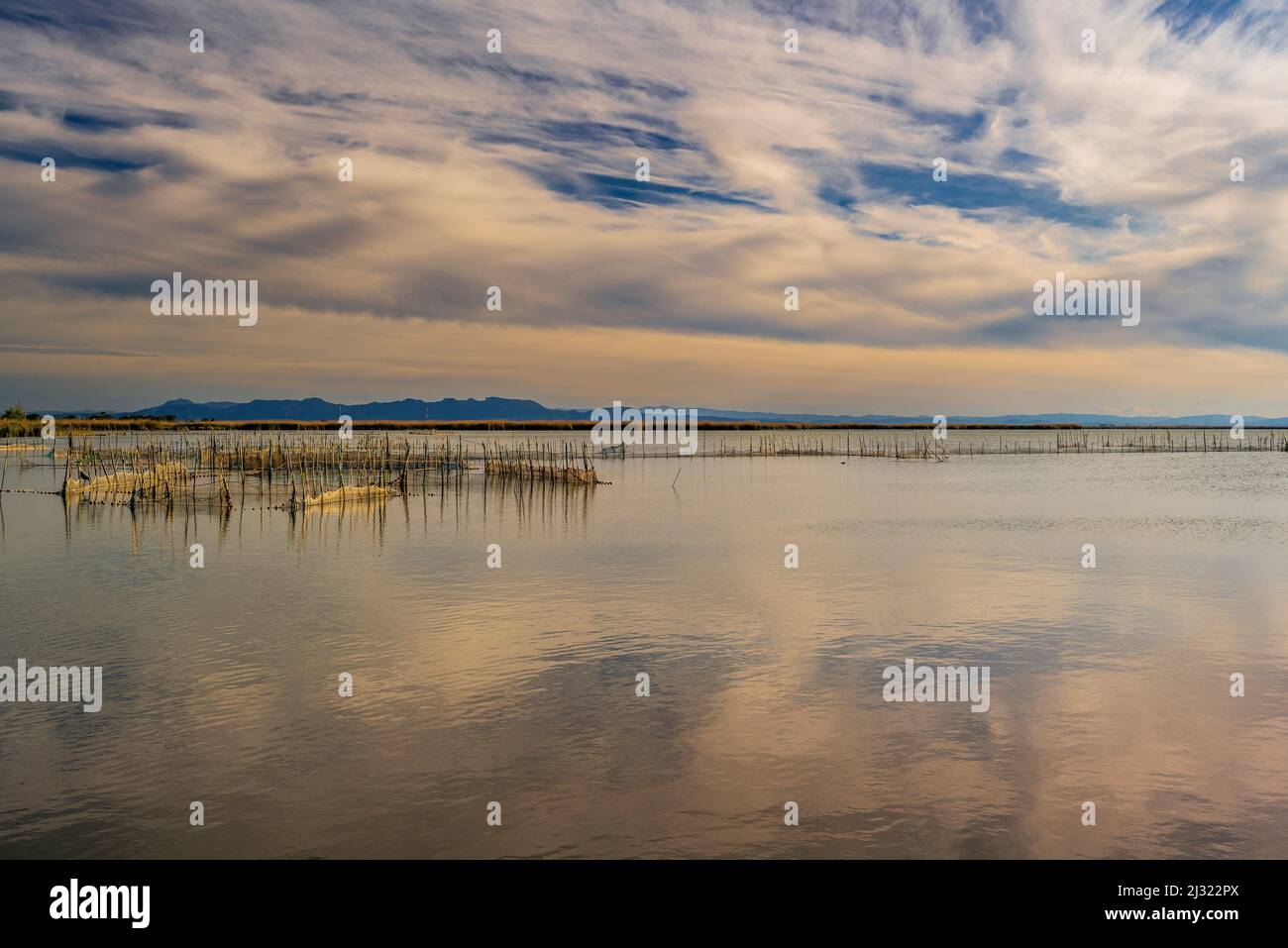 Puesta de sol escénica en el Parque Natural de la Albufera, Valencia, Comunidad Valenciana, España Foto de stock