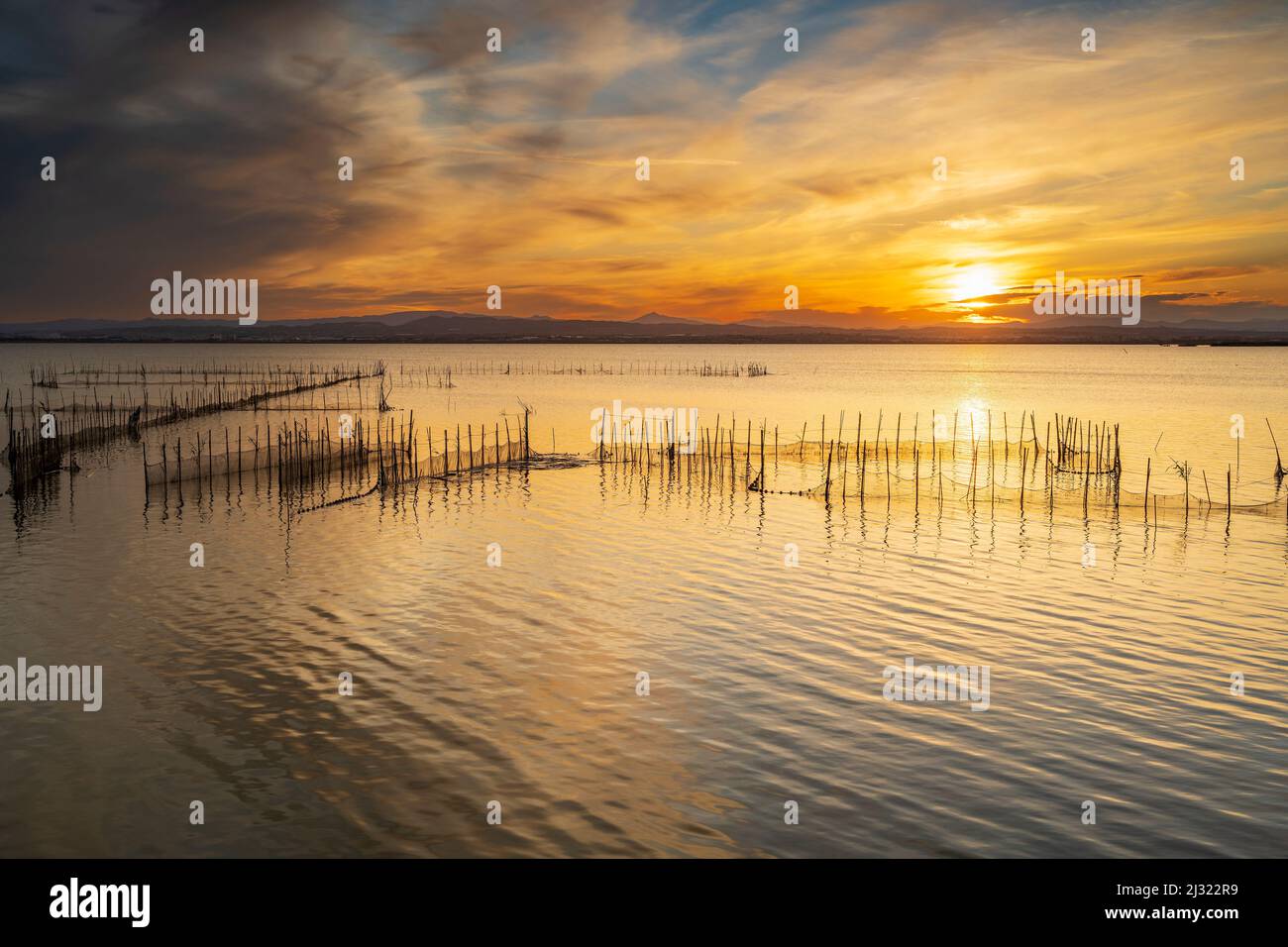 Puesta de sol escénica en el Parque Natural de la Albufera, Valencia, Comunidad Valenciana, España Foto de stock