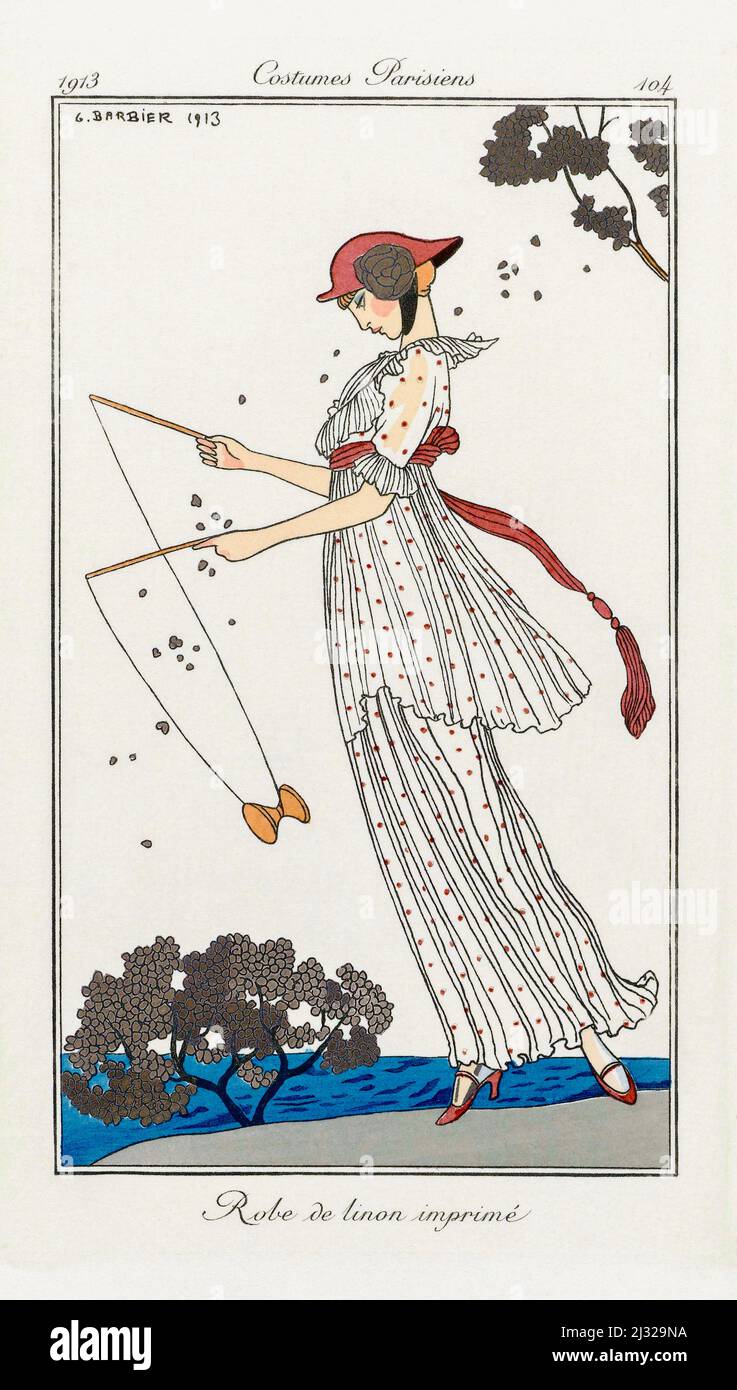 La túnica de linon se imprime. Vestido de césped estampado. Impresión de la revista de alta moda Journal des Dames et des Modes, publicada del 1 de junio de 1912 al 1 de agosto de 1914. Después de un trabajo del ilustrador francés George Barbier, 1882 - 1932. Foto de stock