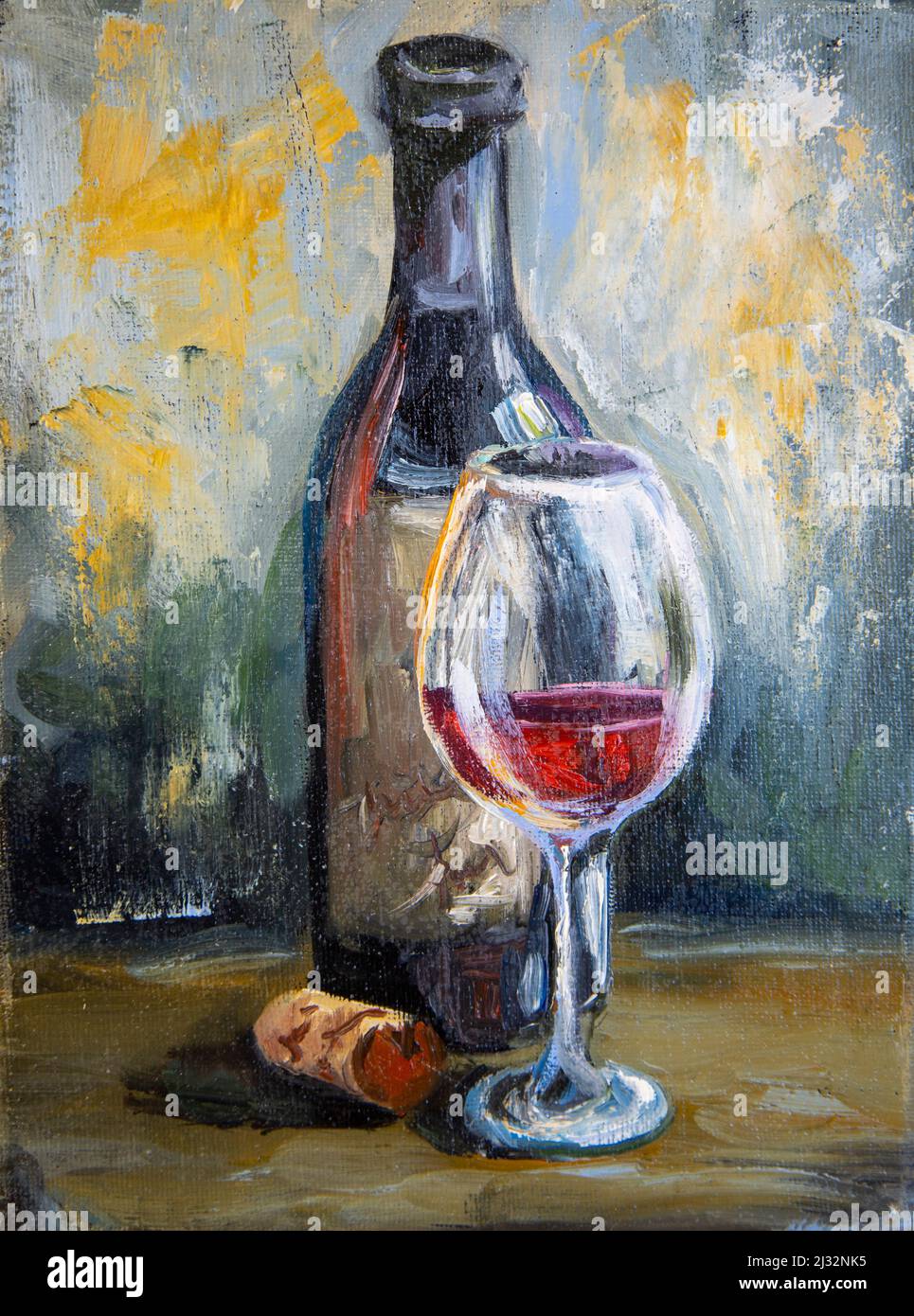Botella de vino con una copa. Pintura al óleo con trazos de pincel  Fotografía de stock - Alamy