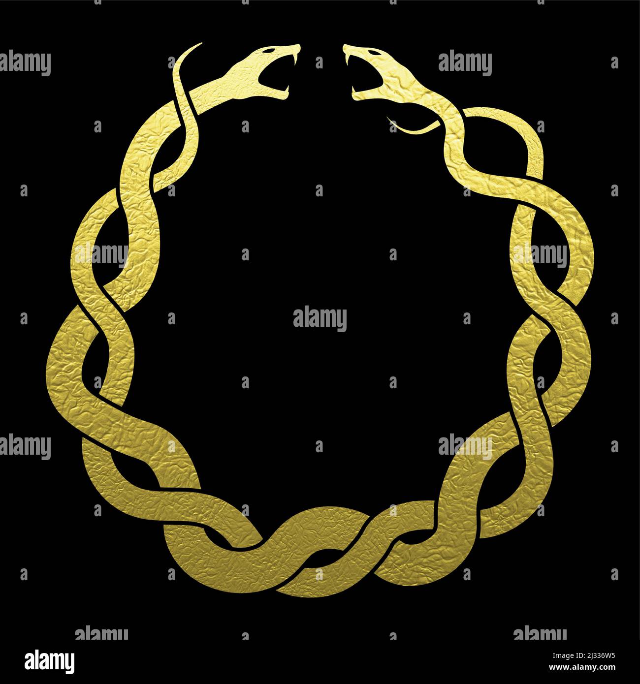 Serpientes doradas entrelazadas que se enfrentan entre sí símbolo de círculo Ilustración del Vector