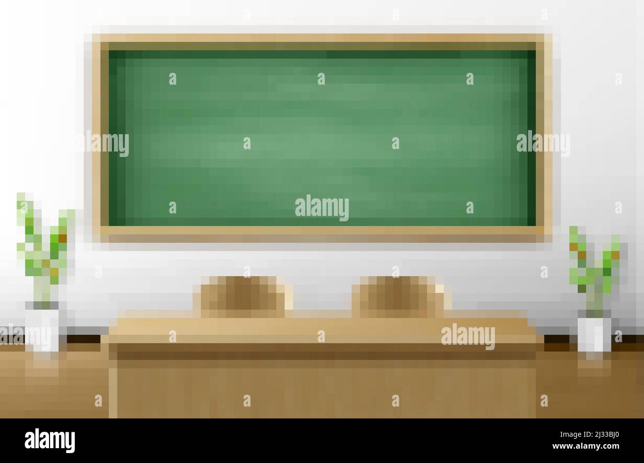 Salón de clases con pizarra verde en la pared y mesa de madera para maestros con sillas. Fondo de pizarra vacío para presentación, conferencia en línea o en directo Ilustración del Vector