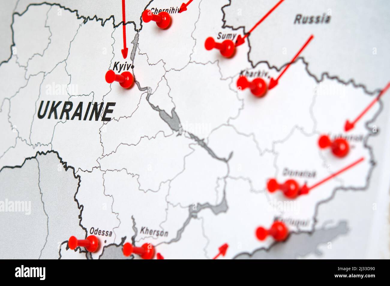 Rusia y Ucrania. Mapa de crisis de Ucrania. Ucrania y Rusia conflicto militar. Ilustración del concepto geopolítico. Foto de stock