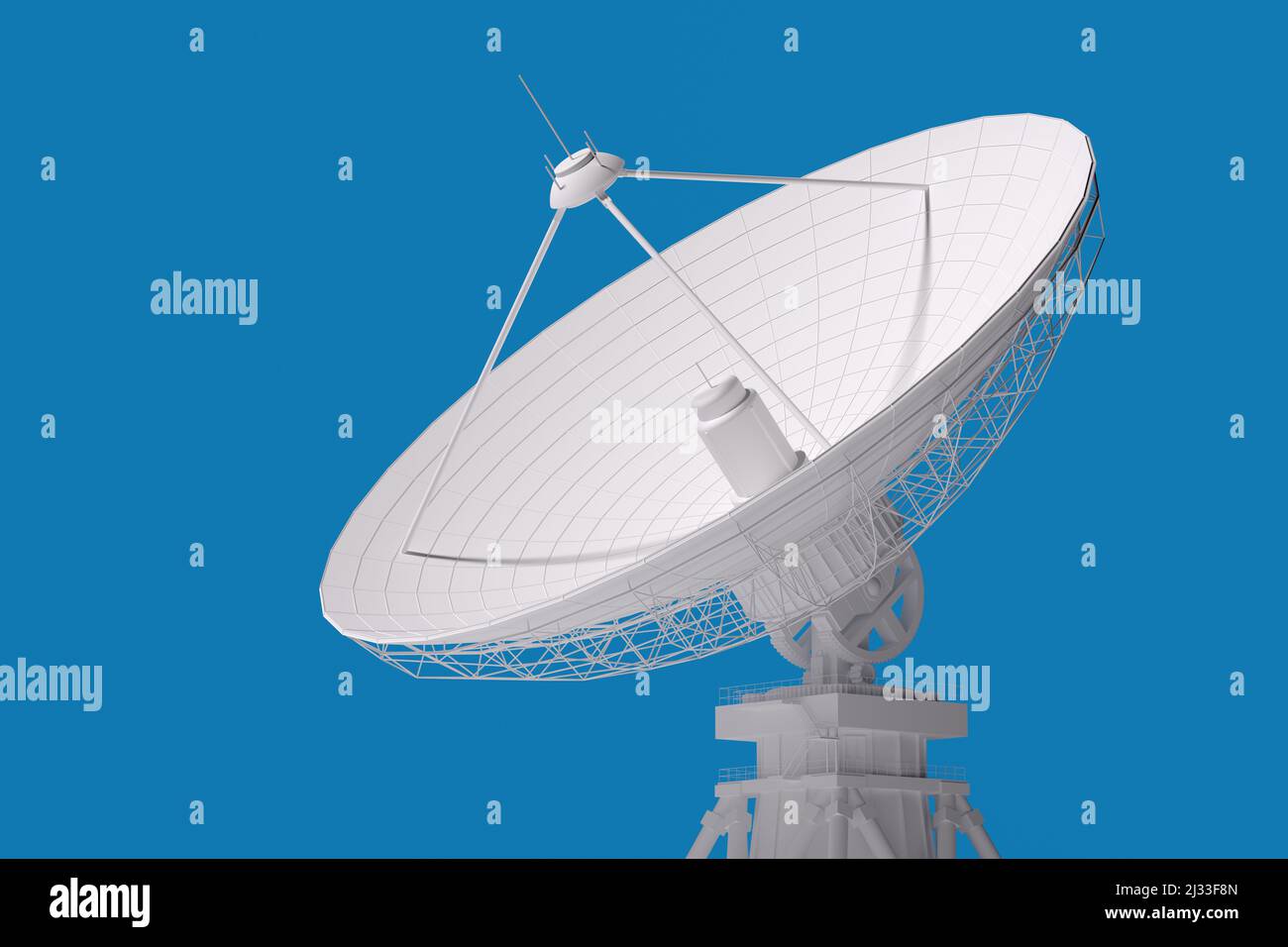 Modelo 3d de una antena parabólica para transmitir y recibir información  aislada en un fondo azul.