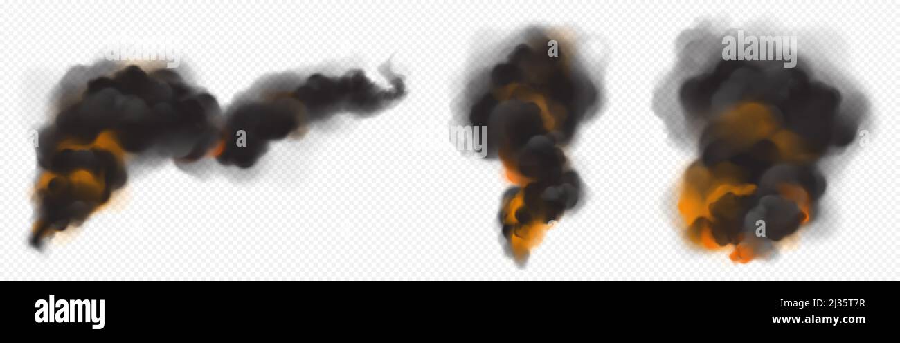 Nubes de humo negro con retroiluminación naranja del fuego. Vector conjunto realista de flujos de niebla caliente oscura, humo de llamas ardientes, niebla ardiente aislado en tra Ilustración del Vector