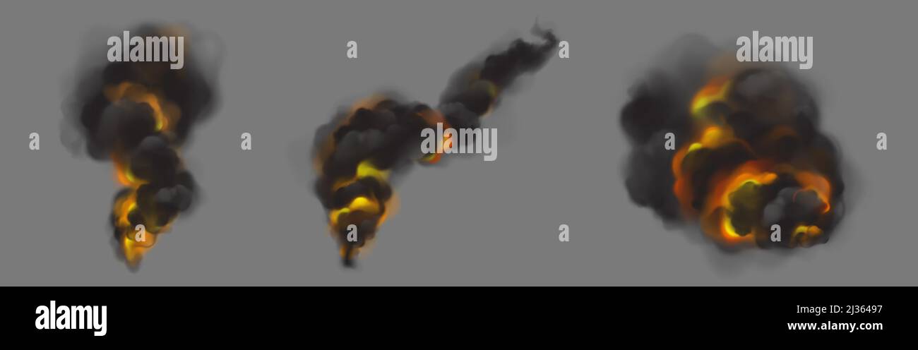 Nubes de humo negro del fuego ardiente. Vector realista conjunto de corrientes de niebla caliente oscura, humo con retroiluminación naranja y amarilla de la llama, humo ardiente isol Ilustración del Vector