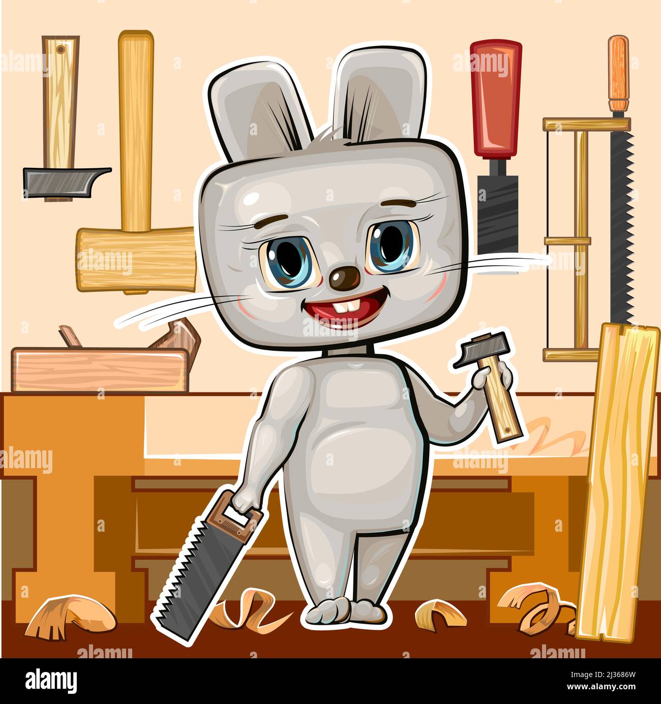 Lindos dibujos animados Hare en un banco de trabajo en el taller de  carpintería con una sierra y un martillo. Estilo plano. Ayuda a papá.  Imagen para niños. Divertido niño animal Imagen