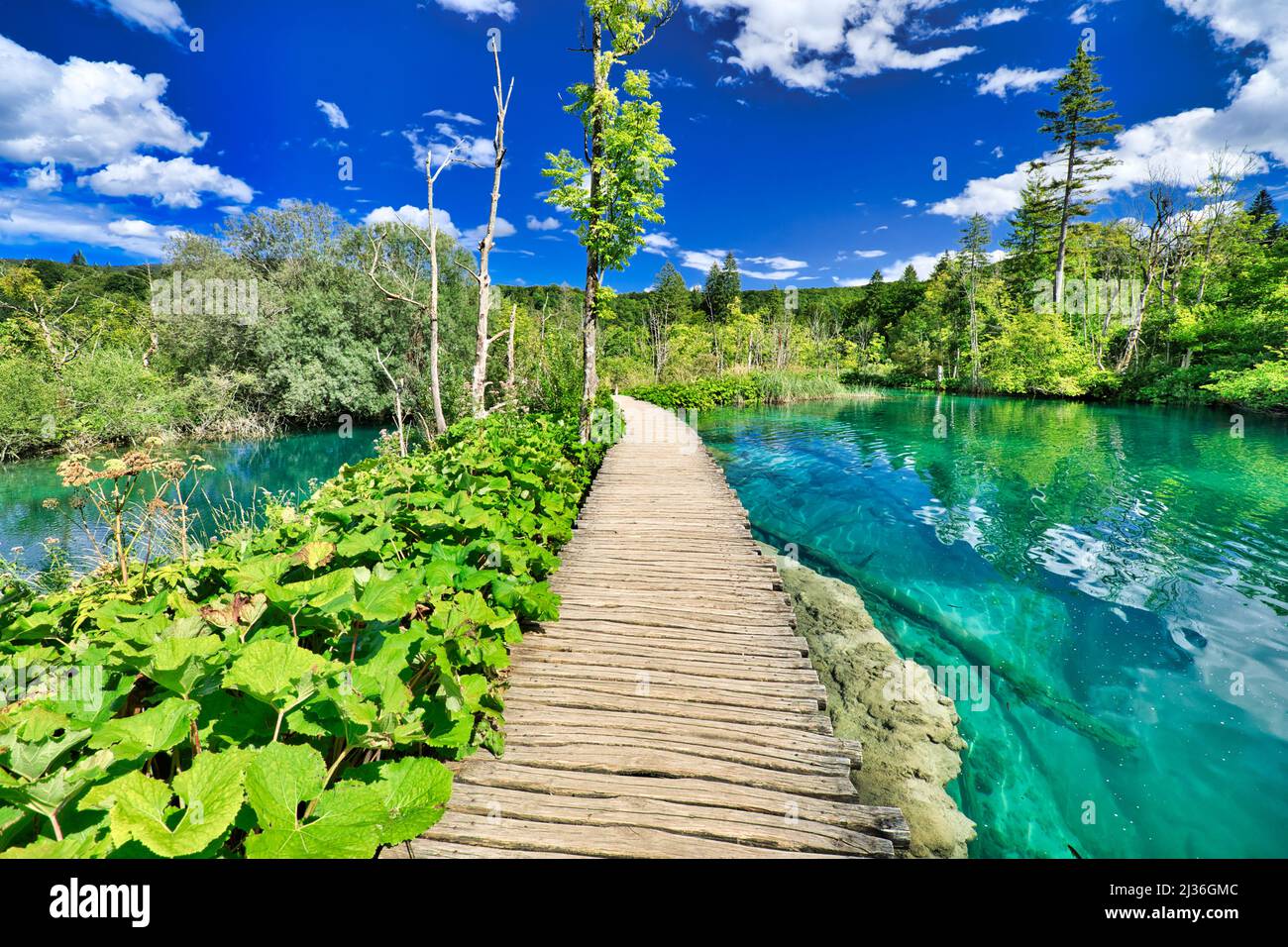 Embarcadero sobre el lago Gradinsko jezero del Parque Nacional de los Lagos de Plitvice, en Croacia, en la región de Lika. Patrimonio Mundial de la UNESCO de Croacia llamado Plitvicka Foto de stock