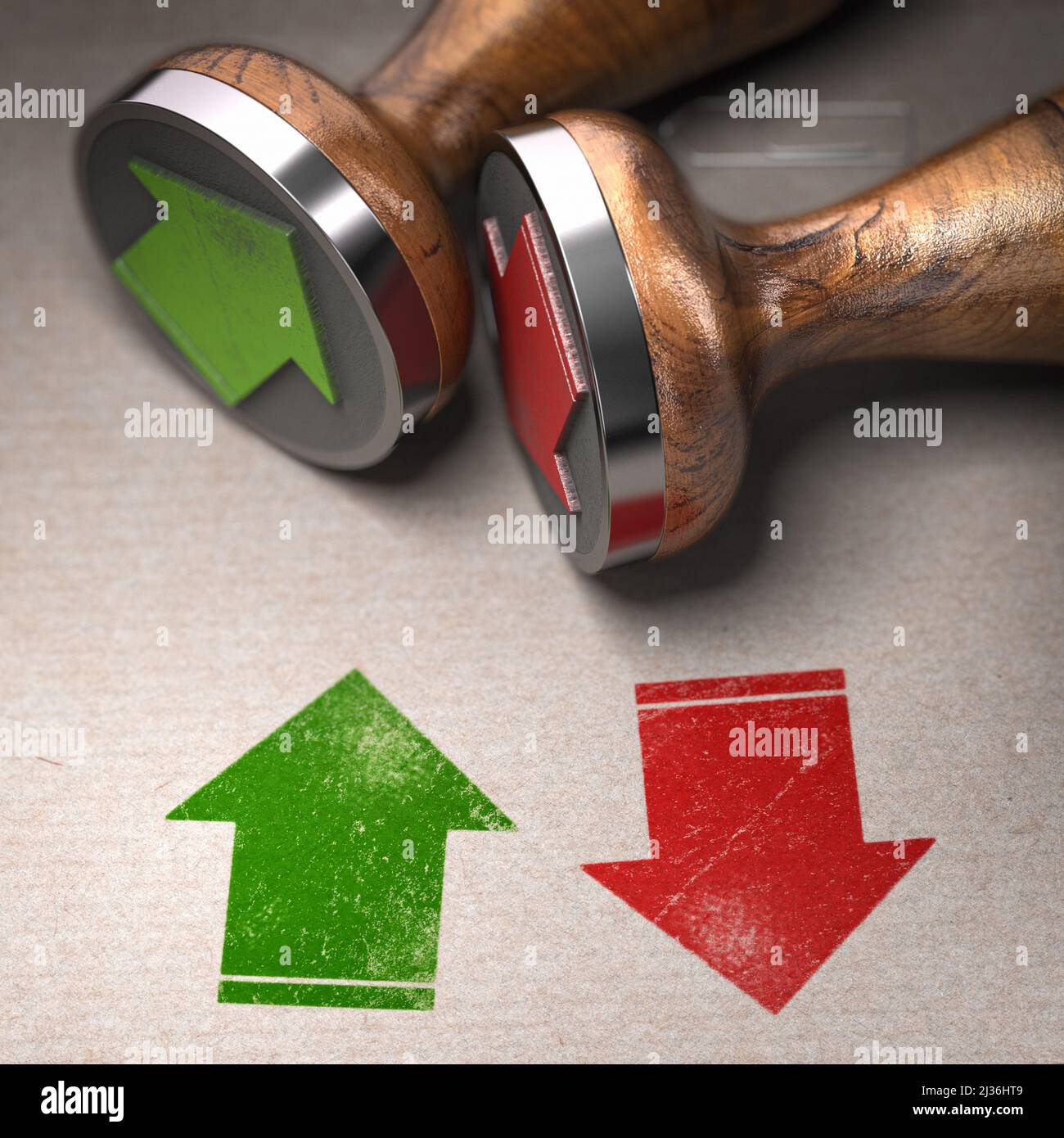 Dos flechas verdes y rojas que muestran las direcciones hacia arriba y hacia abajo impresas en papel kraft con sello de goma. Ilustración 3D. Foto de stock