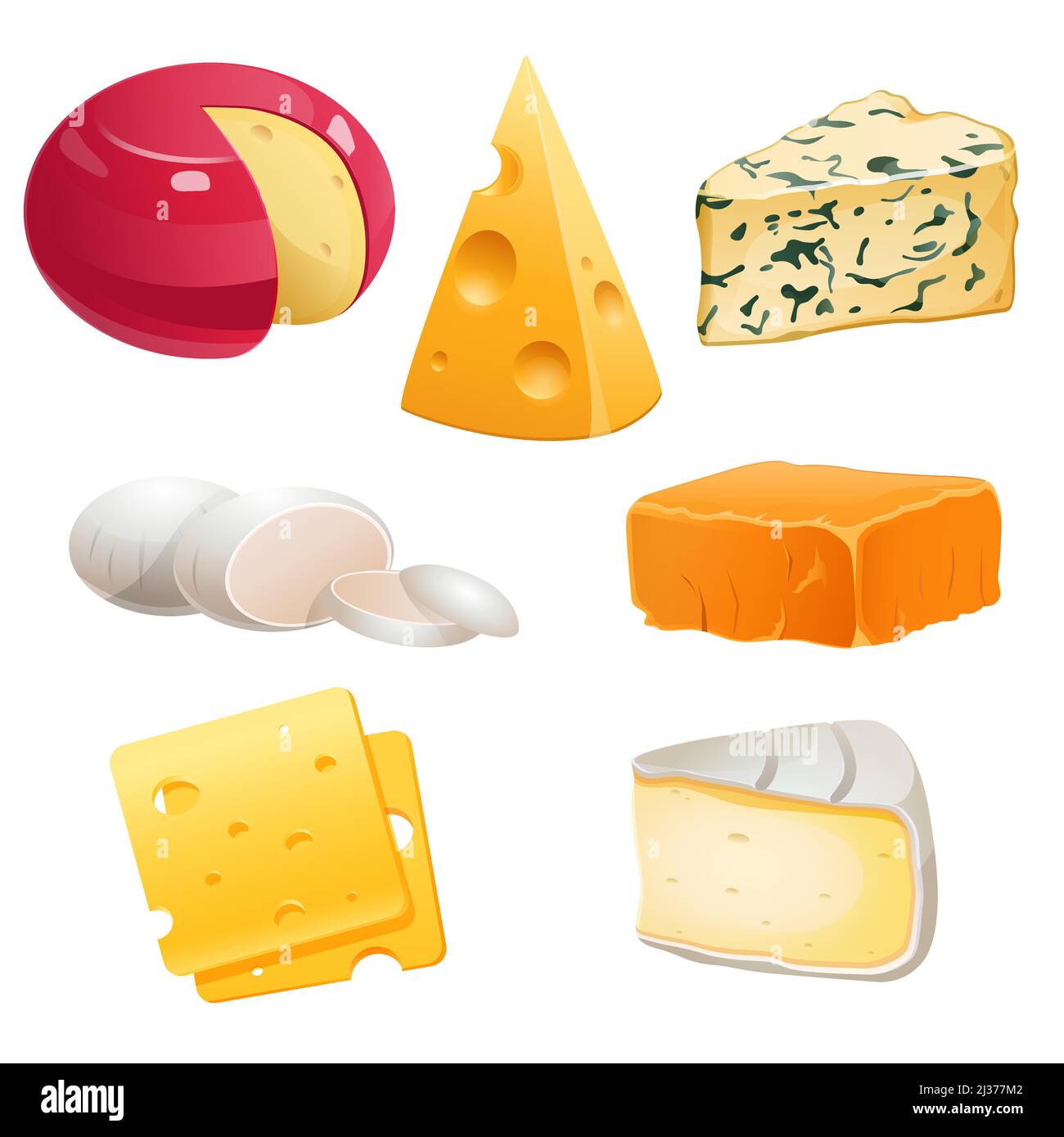 Conjunto de quesos roquefort, brie y maasdam, mozzarella, gouda o parmesano. Producción lechera, alimentos naturales de granja enteros y piezas aisladas sobre blanco Ilustración del Vector