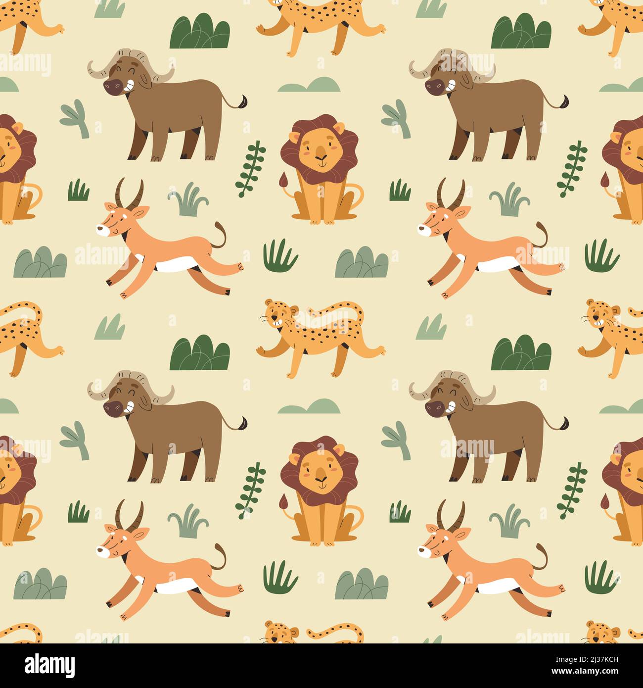 Animales africanos, estampado de safari para niños, leones y jaguar,  ilustraciones de dibujos animados escandinavos, moderno estampado de tela  para bebés, arte vectorial sin costuras Imagen Vector de stock - Alamy