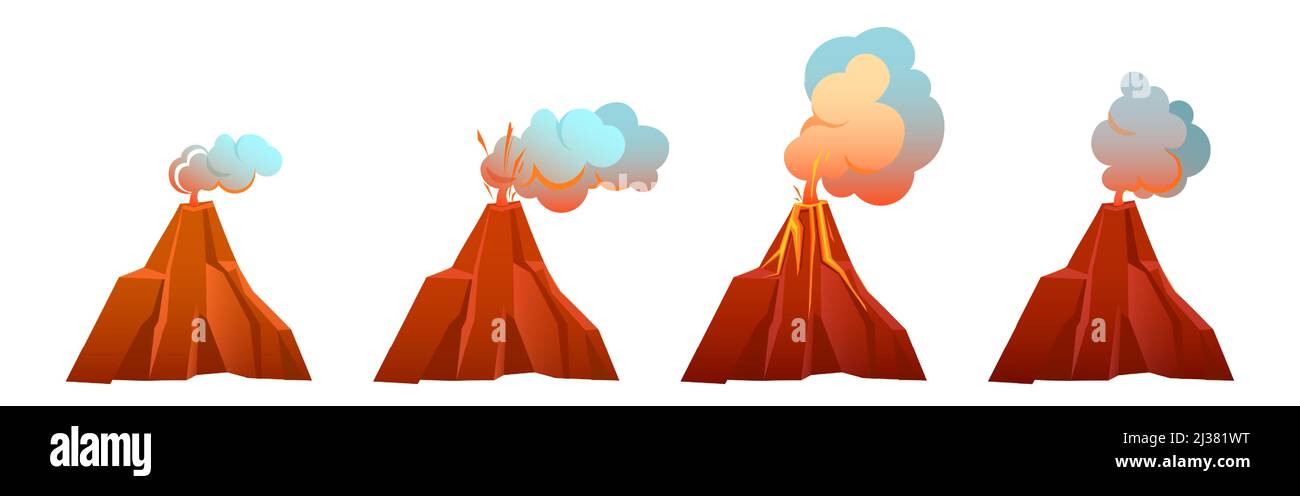 Erupción volcánica en diferentes etapas. Volcán erupción con lava de flujo, fuego y nubes de humo, ceniza y gases. Vector de dibujos animados conjunto de montaña con cra Ilustración del Vector