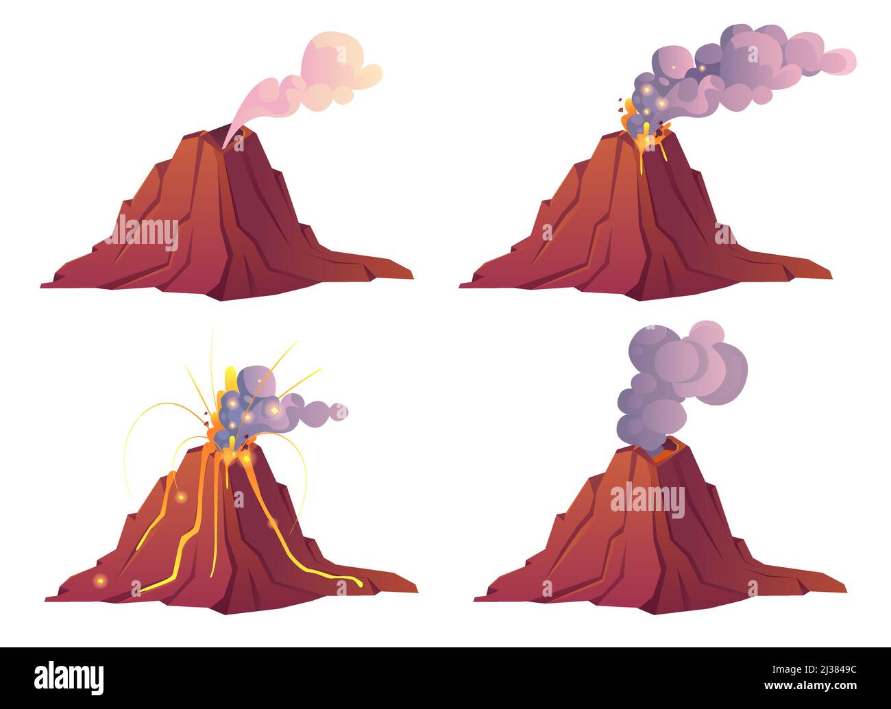 Etapas de erupción volcánica. Volcán erupción con lava caliente, fuego y nubes de humo, ceniza y gases. Vector de dibujos animados conjunto de montaña con cráter y flujo m Ilustración del Vector