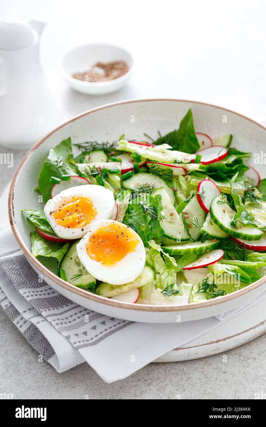 Ensalada con rábano, pepino, lechuga romana y huevo cocido suave Foto de stock