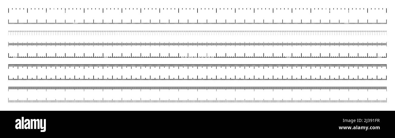 Alas Deslumbrante banjo Varias escalas de medición con divisiones. Escala larga realista para medir  la longitud o la altura en centímetros, milímetros o pulgadas. Regla, cinta  Imagen Vector de stock - Alamy
