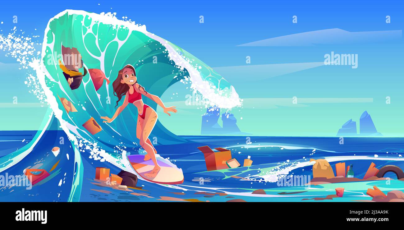 Contaminación del mar por basura plástica y basura. Surfer niña nadando en agua sucia. Paisaje vectorial de dibujos animados del océano con mujer montando a bordo de surf y flo Imagen Vector Contaminación del mar por basura plástica y basura. Surfer niña nadando en agua sucia. Paisaje vectorial de dibujos animados del océano con mujer montando a bordo de surf y flo Imagen Vector