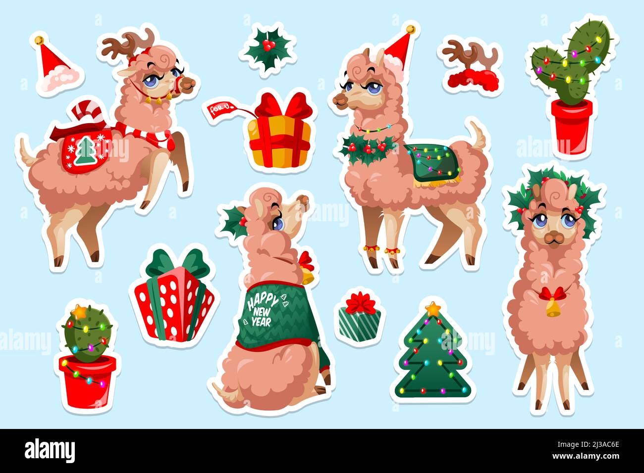 Juego de pegatinas con Llama de Año Nuevo, vicuna perú animal. Personaje de dibujos animados de alpaca de Navidad. Mascota Lama mexicana con lindo rostro vestir xmas holt festivo Ilustración del Vector