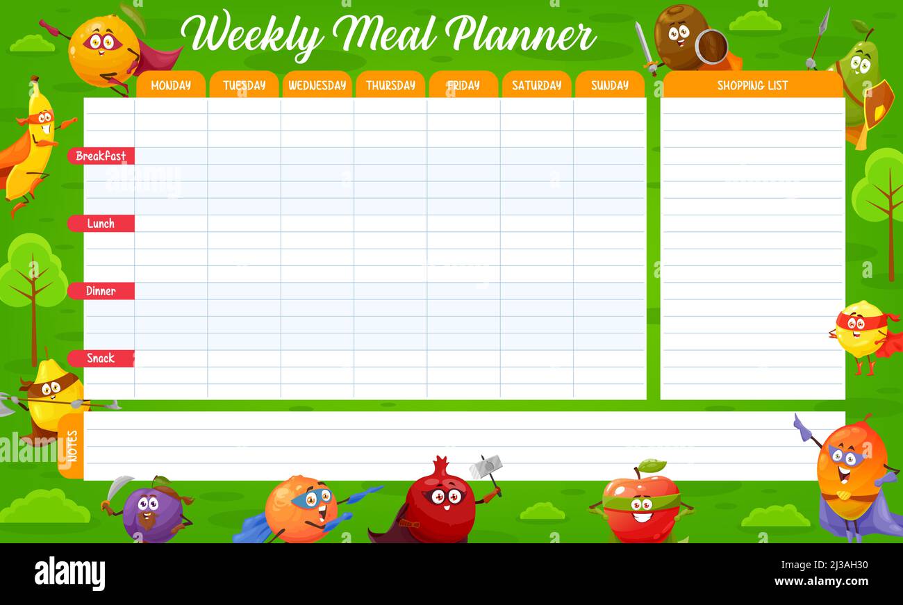 Superhéroes de las frutas de dibujos animados, agenda semanal del  planificador de comidas, lista de verificación del organizador de vectores.  Plan de alimentos para semana o calendario de menú para fitness o